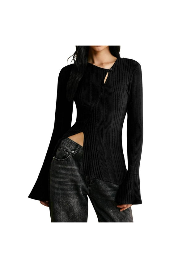 Womens Ribbed Asymmetrical Split Hem Tops Dressy Fitted Bell Long Sleeve Fall 2025 Y2K Going Out Tee Shirts