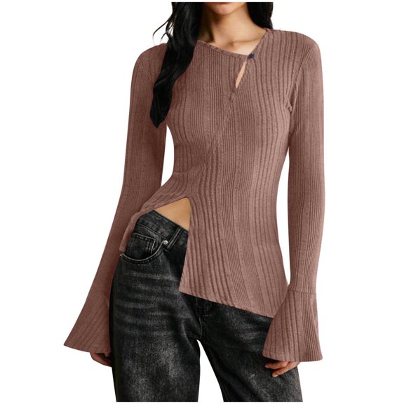 Oplxuo Womens Ribbed Asymmetrical Split Hem Tops Dressy Fitted Bell Long Sleeve Fall 2025 Y2K Going Out Tee Shirts