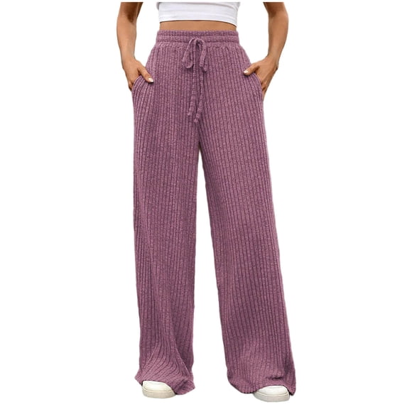 Oplxuo Womens Ribbed Wide Leg Lounge Pants with Pockets Casual Relaxed Comfy Loose Soft Knit Pajama Pants with Drawstring