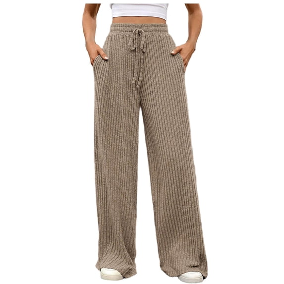 Oplxuo Womens Ribbed Wide Leg Lounge Pants with Pockets Casual Relaxed Comfy Loose Soft Knit Pajama Pants with Drawstring