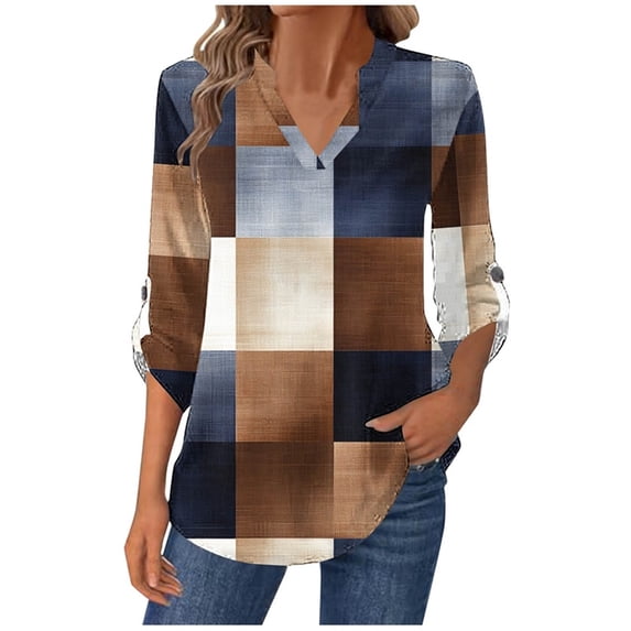 Oplxuo Womens Roll Up Long Sleeve Tops V Neck Shirts Dressy Casual Work Blouses