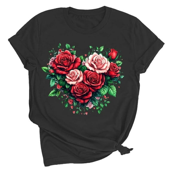 Oplxuo Womens Rose Flowers Heart Printed Cute Basic T-Shirt Short Sleeve Casual Crewneck Loose Pullover Graphic Tee Tops