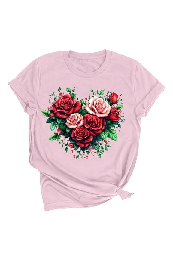 Womens Rose Flowers Heart Printed Cute Basic T-Shirt Short Sleeve Casual Crewneck Loose Pullover Graphic Tee Tops