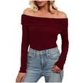thumbnail image 1 of Oplxuo Womens Ruched Off the Shoulder Fitted Shirt Elegant Long Sleeve Pullover Tops Solid Fall Y2K Tight Going Out T Shirts, 1 of 4