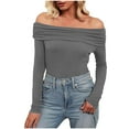 thumbnail image 1 of Oplxuo Womens Ruched Off the Shoulder Fitted Shirt Elegant Long Sleeve Pullover Tops Solid Fall Y2K Tight Going Out T Shirts, 1 of 4