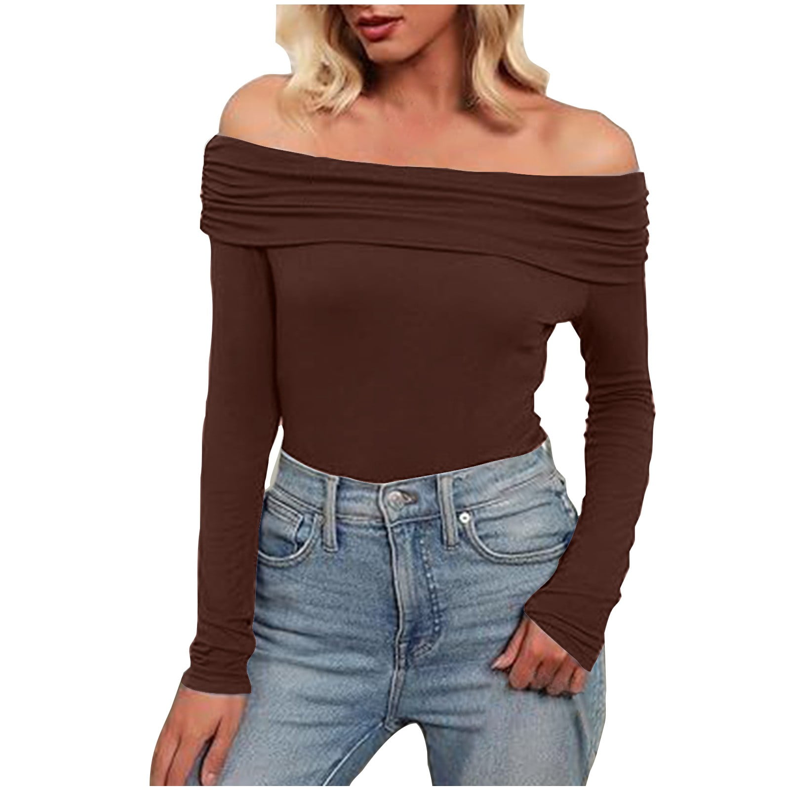 Oplxuo Womens Ruched Off the Shoulder Fitted Shirt Elegant Oplxuo Womens Ruched Off the Shoulder Fitted Shirt Elegant