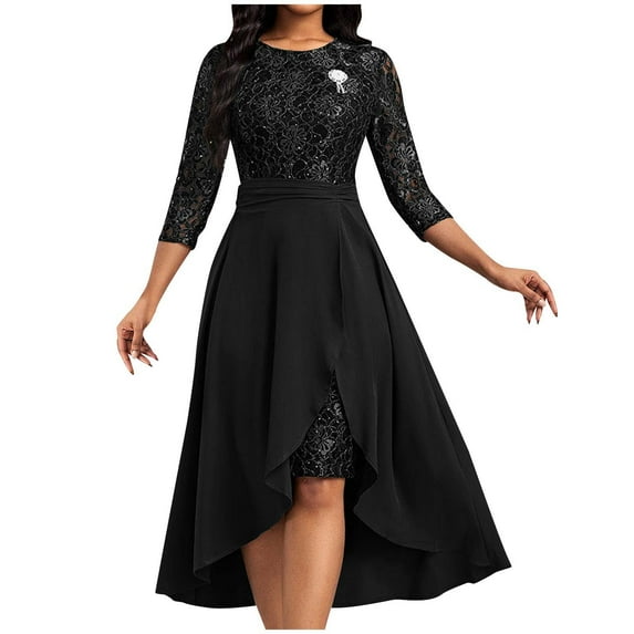 Oplxuo Womens Sequins Wedding Guestst Dress Lace Patchwork 3/4 Sleeve Swing Dress with Detachable Hem Elegant 2 Piece Sets