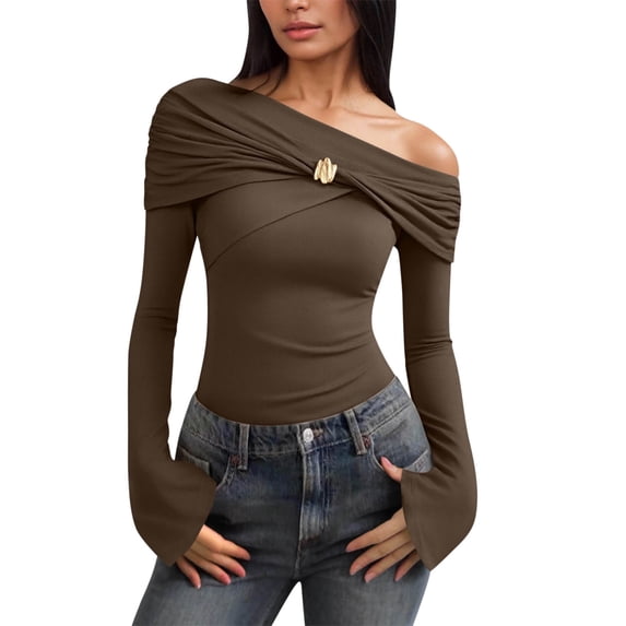 Oplxuo Womens Sexy Off Shoulder Tops Dressy Long Sleeve Slim Fitted Crop Shirts Casual Pleated Solid Color Going Out Blouses