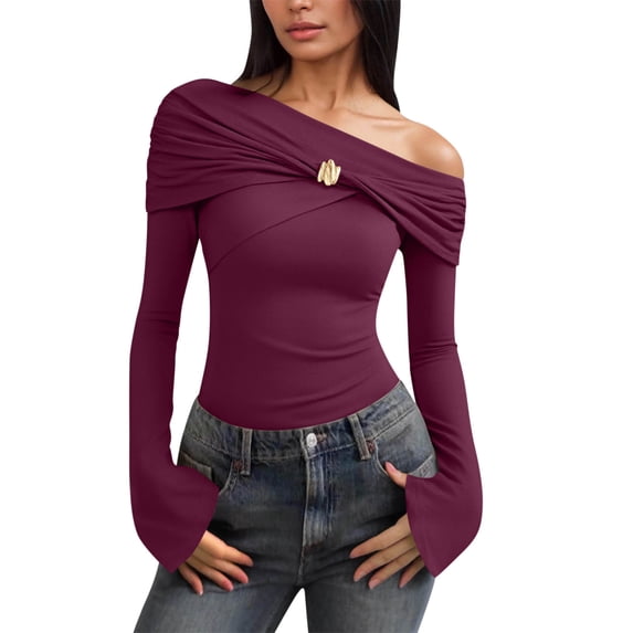 Oplxuo Womens Sexy Off Shoulder Tops Dressy Long Sleeve Slim Fitted Crop Shirts Casual Pleated Solid Color Going Out Blouses