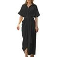 thumbnail image 1 of Oplxuo Womens Short Sleeve Ruched Business Shirt Dresses Elegant Button Down Tie Front Sexy Party Club Maxi Dress, 1 of 4