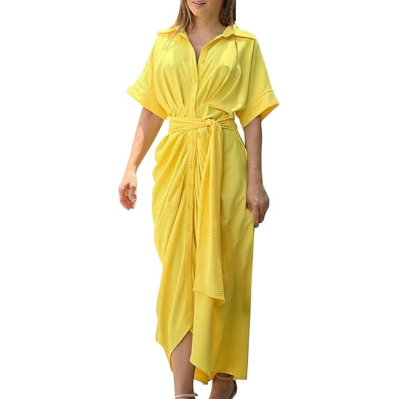 Oplxuo Womens Short Sleeve Ruched Business Shirt Dresses Elegant Button Down Tie Front Sexy Party Club Maxi Dress
