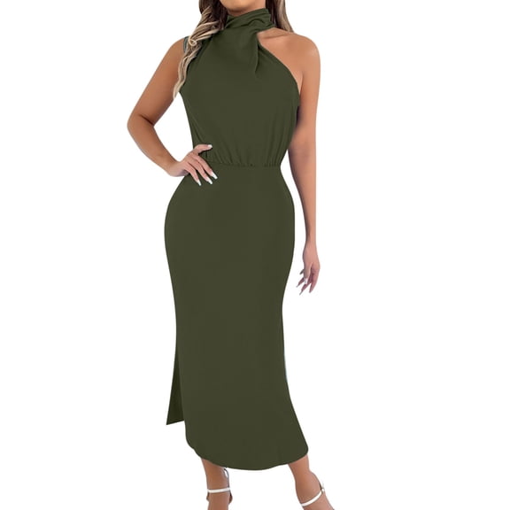 Oplxuo Womens Sleeveless Cocktail Dresses Mock Neck Keyhole Elastic High Waist Evening Party Maxi Wedding Guest Dress