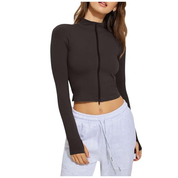 Oplxuo Womens Slim Fit Cropped Workout Yoga Tops Lightweight Zip Up Athletic Jacket Casual Long Sleeve Going Out Tight Shirts