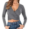 thumbnail image 1 of Oplxuo Womens Slim Fitted Sexy Deep V Neck Cross Wrap Crop Tops Solid Color Ruched Long Sleeve T-Shirts Blouses, 1 of 4