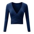 thumbnail image 1 of Oplxuo Womens Slim Fitted Sexy Deep V Neck Cross Wrap Crop Tops Solid Color Ruched Long Sleeve T-Shirts Blouses, 1 of 3