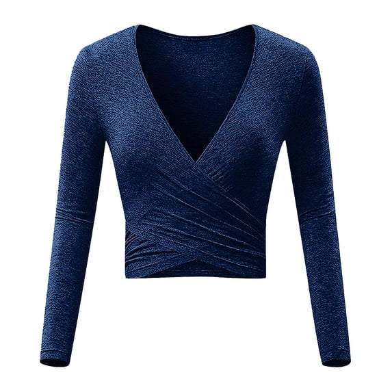 Oplxuo Womens Slim Fitted Sexy Deep V Neck Cross Wrap Crop Tops Solid Color Ruched Long Sleeve T-Shirts Blouses