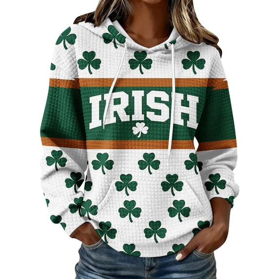 Oplxuo Womens St. Patrick's Day Clover Print Hoodie Casual Long Sleeve Sweatshirt Irish Shamrock Pullover Tops