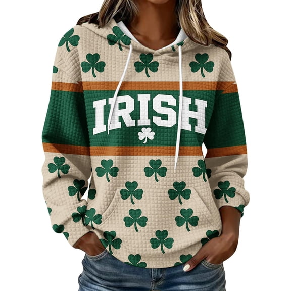 Oplxuo Womens St. Patrick's Day Clover Print Hoodie Casual Long Sleeve Sweatshirt Irish Shamrock Pullover Tops