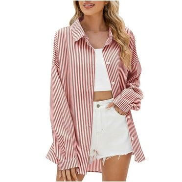 Oplxuo Womens Striped Button Down Shirts Long Sleeve Casual Colorblock Blouses Loose Collared Dressy Fall Streetwear Tops