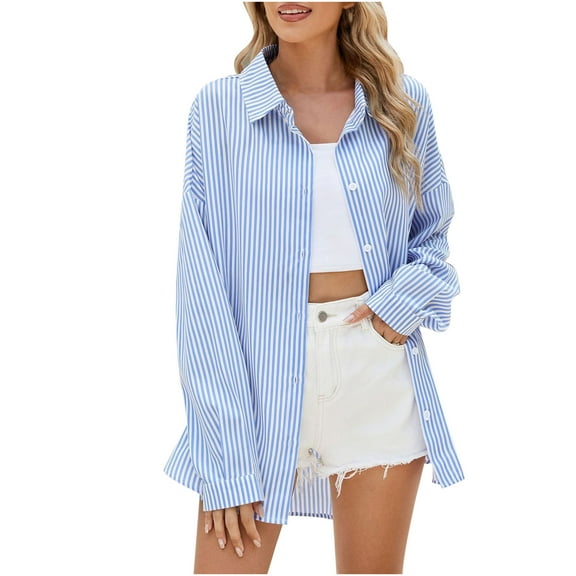 Oplxuo Womens Striped Button Down Shirts Long Sleeve Casual Colorblock Blouses Loose Collared Dressy Fall Streetwear Tops