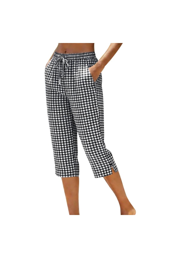 Womens Striped Gingham Capri Pants Drawstring Elastic High Waist Beach Summer Trousers with Pockets