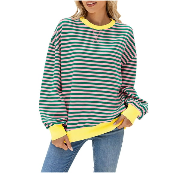 Oplxuo Womens Striped Oversized Sweatshirt Color Block Crewneck Long Sleeve Tops 2025 Fall Pullover Tee Shirts Preppy Clothes