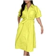 thumbnail image 1 of Oplxuo Womens Summer Beach 2025 Casual Midi Dresses V Neck Collared Short Sleeve Button Down Shirt Belted Dress with Pockets, 1 of 7