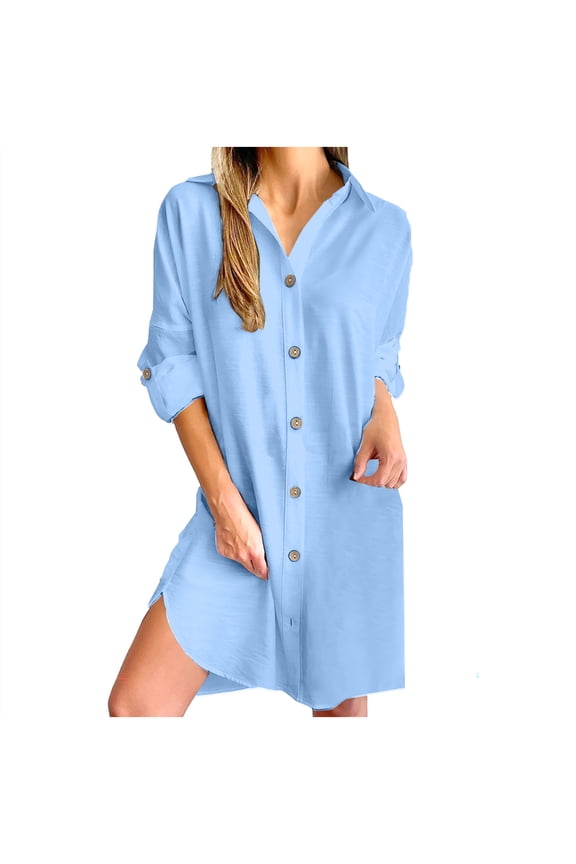 Womens Summer Cotton Linen Shirt Dresses, Loose Long Sleeve Casual Button Down Lapel Tunic Dress