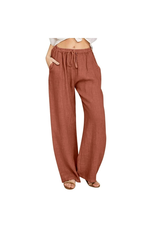 Womens Summer Fashion 2025 Linen Pants Solid Casual High Waist Loose Fit Drawstring Trousers with Pockets