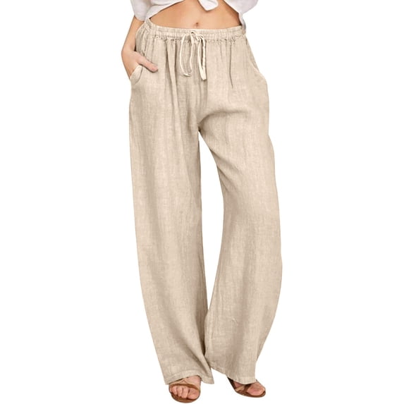 Oplxuo Womens Summer Fashion 2025 Linen Pants Solid Casual High Waist Loose Fit Drawstring Trousers with Pockets