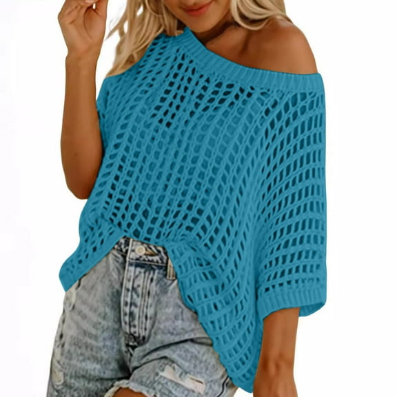 Oplxuo Womens Summer Scoop Neck Short Sleeve Sweater Casual Crochet Hollow Out Knit Tops Pullover Shirts Beach Coverup