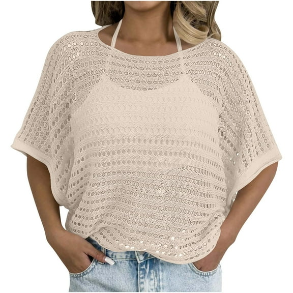 Oplxuo Womens Summer Scoop Neck Short Sleeve Sweater Casual Crochet Hollow Out Knit Tops Pullover Shirts Beach Coverup