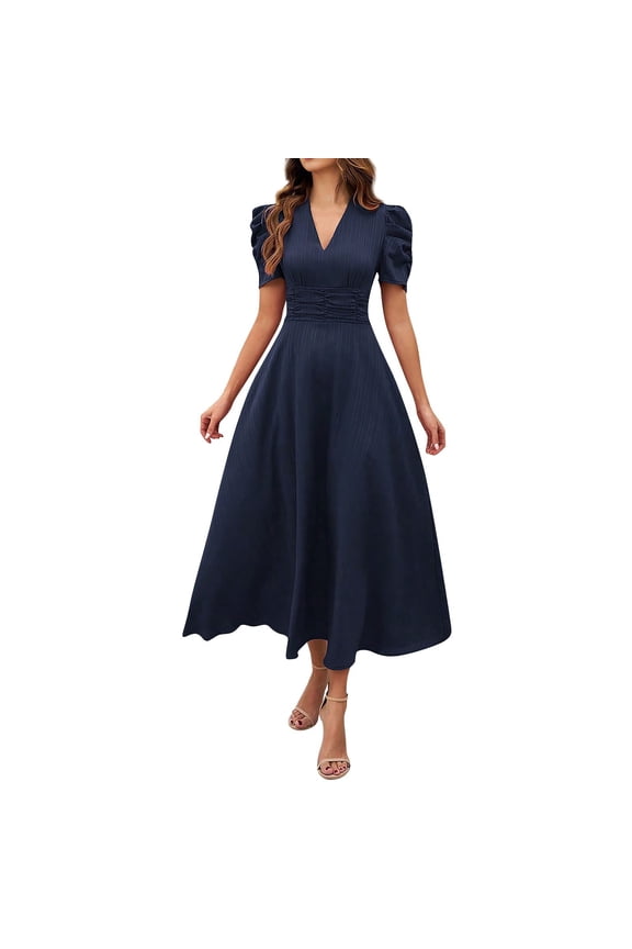 Womens Summer Short Puff Sleeve Casual Semi-Formal Fit and Flare Church Wedding Guest Work Dresses