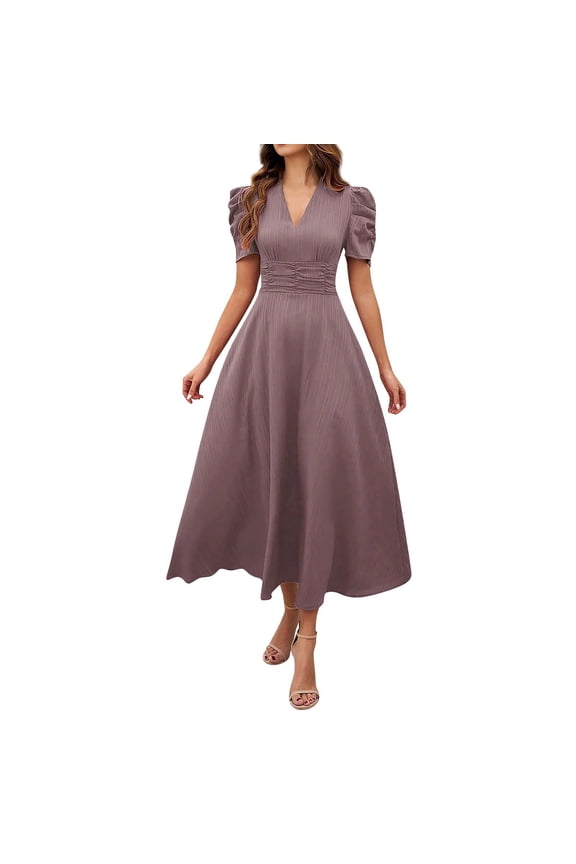 Womens Summer Short Puff Sleeve Casual Semi-Formal Fit and Flare Church Wedding Guest Work Dresses