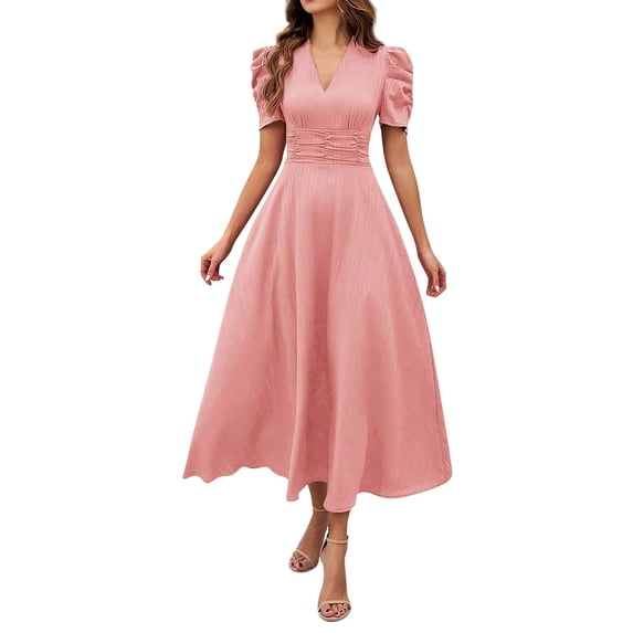 Oplxuo Womens Summer Short Puff Sleeve Casual Semi-Formal Fit and Flare Church Wedding Guest Work Dresses