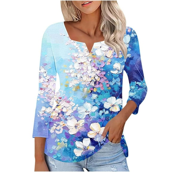 Oplxuo Womens Summer Tops 3/4 Length Sleeve V Neck Shirts Dressy Casual Tunic Blouses Floral Cute Print Tee Shirt