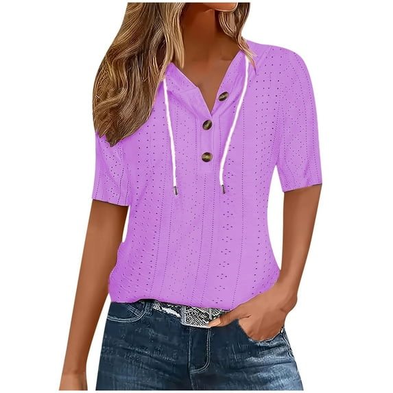 Oplxuo Womens Summer Tops Eyelet Short Sleeve Lightweight Drawstring Hoodies Button V Neck Casual Blouses Shirts