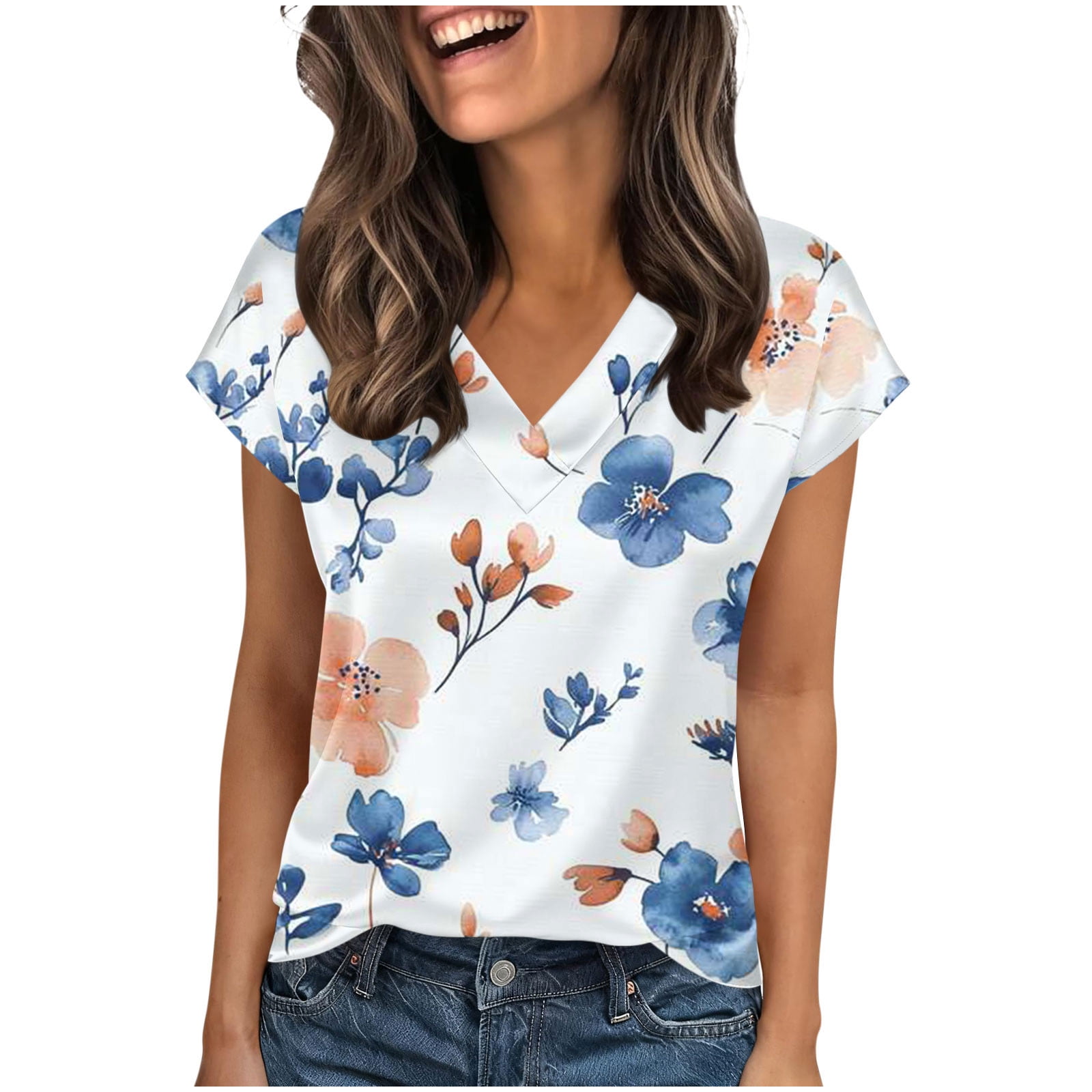 Oplxuo Womens Summer Tops Rolled Short Sleeve V Neck Shirts Casual ...