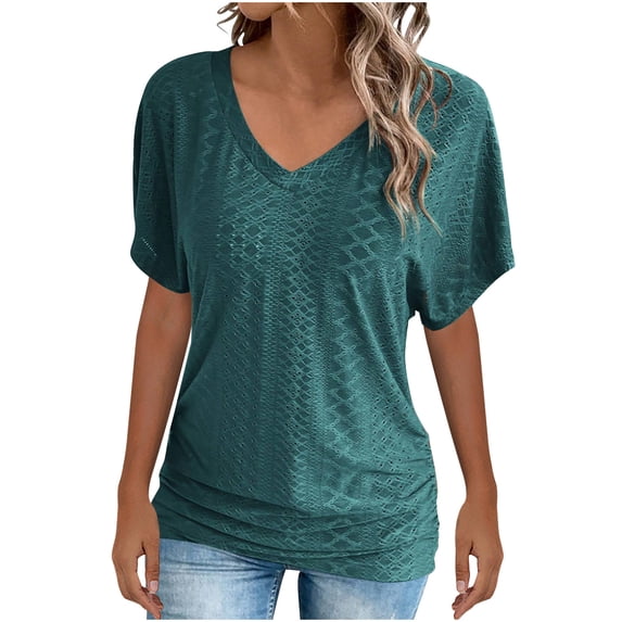 Oplxuo Womens Summer Tops Trendy 2025 Eyelet Crossed V Neck T Shirts Loose Casual Short Sleeve Tshirts Shirts Fashion