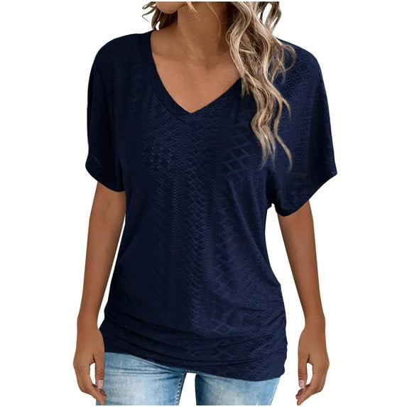 Oplxuo Womens Summer Tops Trendy 2025 Eyelet Crossed V Neck T Shirts Loose Casual Short Sleeve Tshirts Shirts Fashion