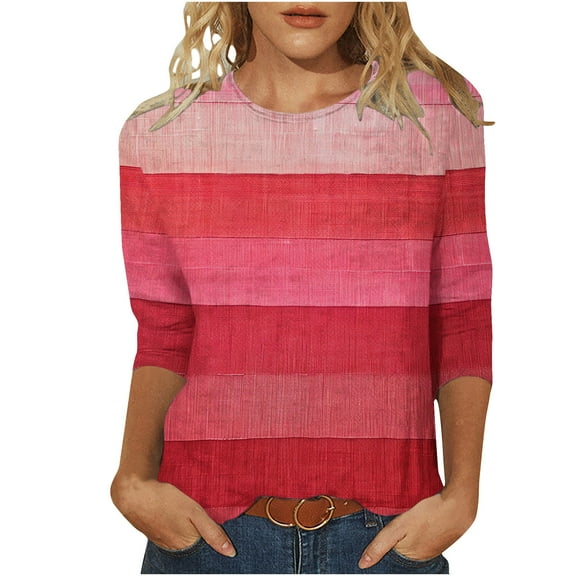 Oplxuo Womens Tops 3/4 Sleeve Shirts Round Neck Loose Casual Tshirts Color Block Summer Tees