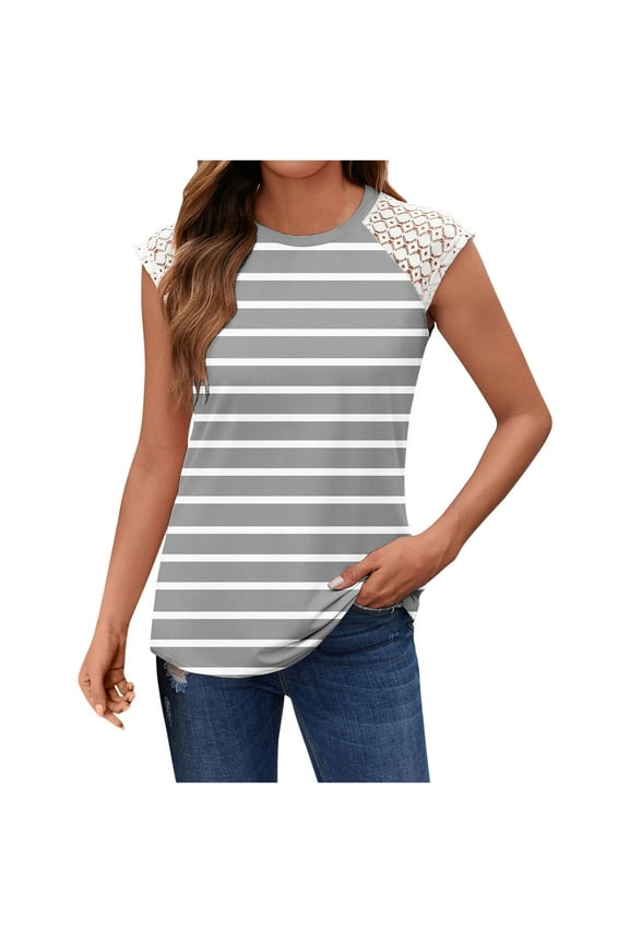 Womens Tops Dressy Casual Summer Striped Shirts Lace Sleeve Tops Color Block Loose Fit Tank Tee