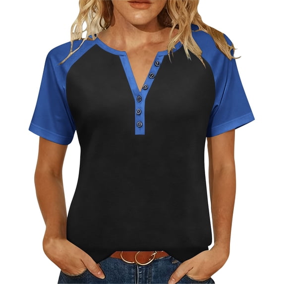 Oplxuo Womens Tops Short Sleeve Henley Shirts Summer V Neck Color Block Tunic T Shirts Casual Blouses Work Trendy Clothes