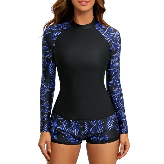 Oplxuo Womens Two Piece Rash Guard & Swim Shorts, Long Sleeve Swim Shirt, Quick Dry Swimsuits UPF 50+ SPF Sun & UV Protection