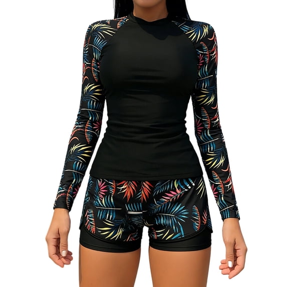 Oplxuo Womens Two Piece Rash Guard & Swim Shorts, Long Sleeve Swim Shirt, Quick Dry Swimsuits UPF 50+ SPF Sun & UV Protection