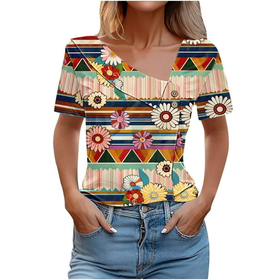 Oplxuo Womens Vintage Floral Printed T-Shirts Trendy Skew V Neck Dressy Casual Blouses Loose Pullover Short Sleeve Tee Tops