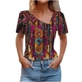 thumbnail image 1 of Oplxuo Womens Vintage Floral Printed Trendy T-Shirts Skew V Neck Dressy Casual Blouses Loose Pullover Short Sleeve Tee Tops, 1 of 4