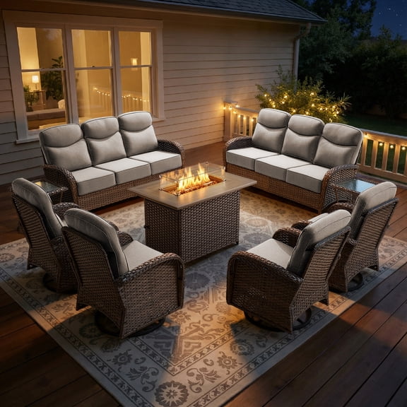 Opohoro 10 Person Outdoor Conversation Set with 41" Wicker Fire Pit Table, Brown Rattan Sofa Set with 4 Swivel Rocker Chairs and End Tables, Beige for Patio Backyard