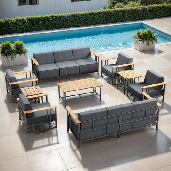 Opohoro 10 Person Outdoor Conversation Set with Patio Sofas, Swivel Rocking Chairs and Tables, Black