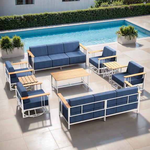 Opohoro 10 Person Outdoor Conversation Set with Patio Sofas, Swivel Rocking Chairs and Tables, Blue